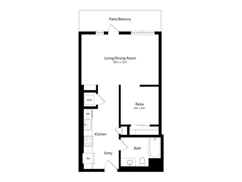 Floor plan for studio, 1 bath, 645 sqft